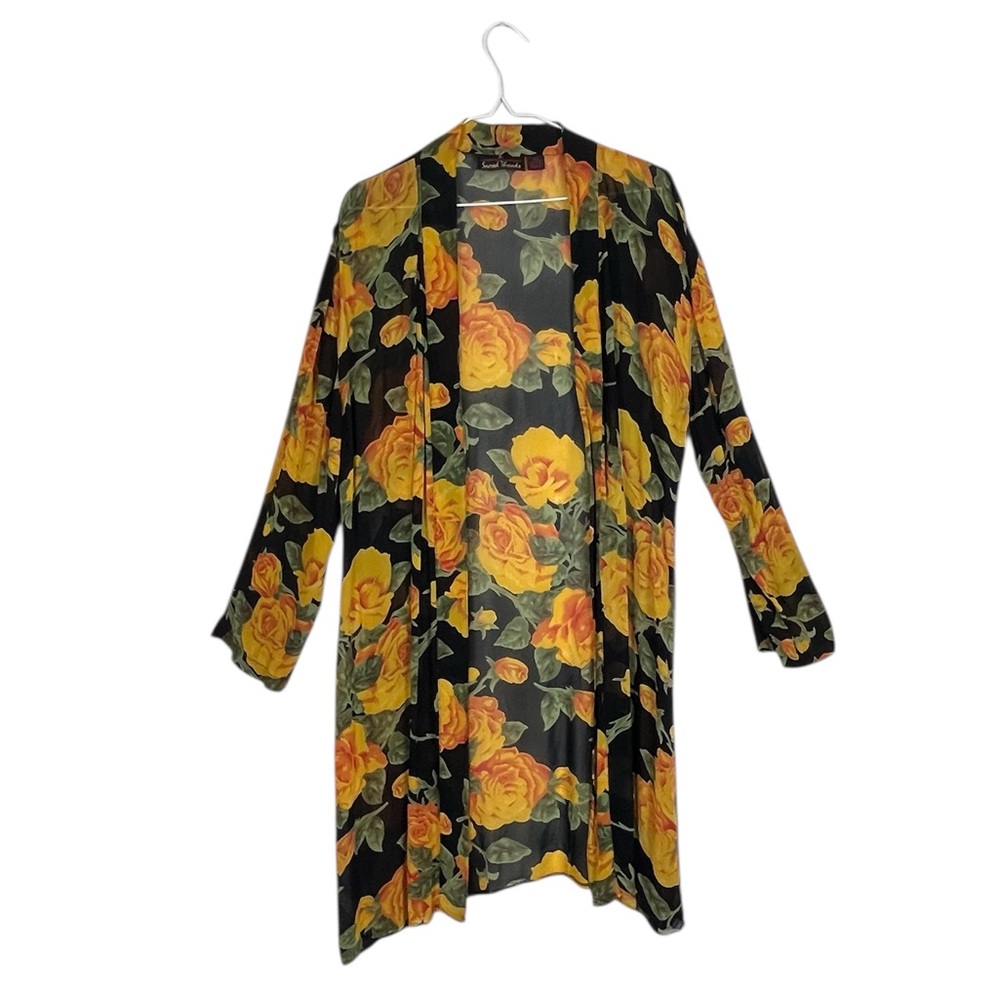 Sacred Threads  Yellow Roses Boho Floral Duster Kimono Open Front Cardi M/L